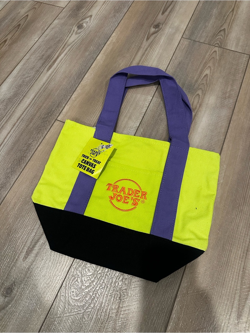 Trader Joe's Neon Yellow & Purple Canvas Tote Bag with Black Base